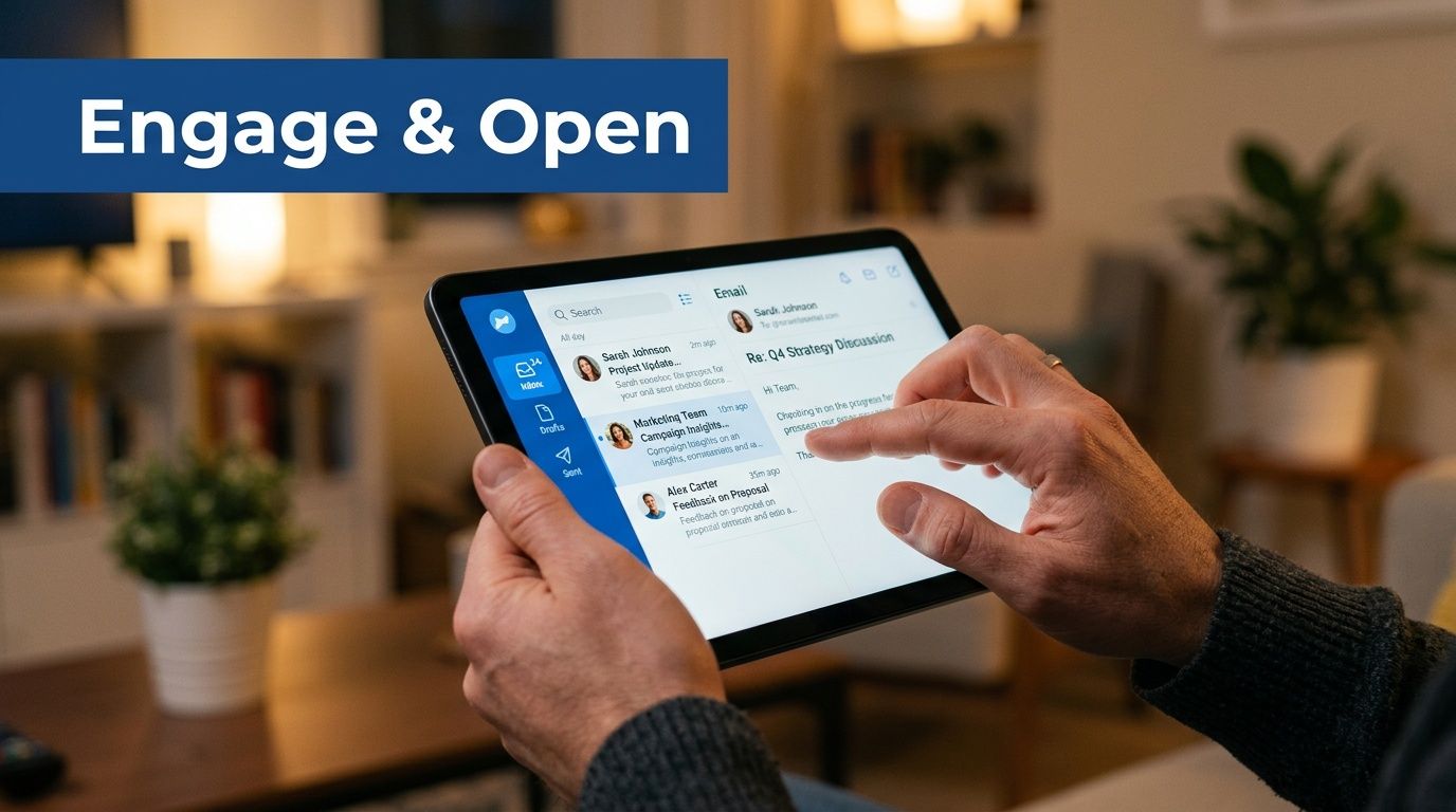 A person holding a digital tablet and reading business emails to manage their professional communications and tasks.