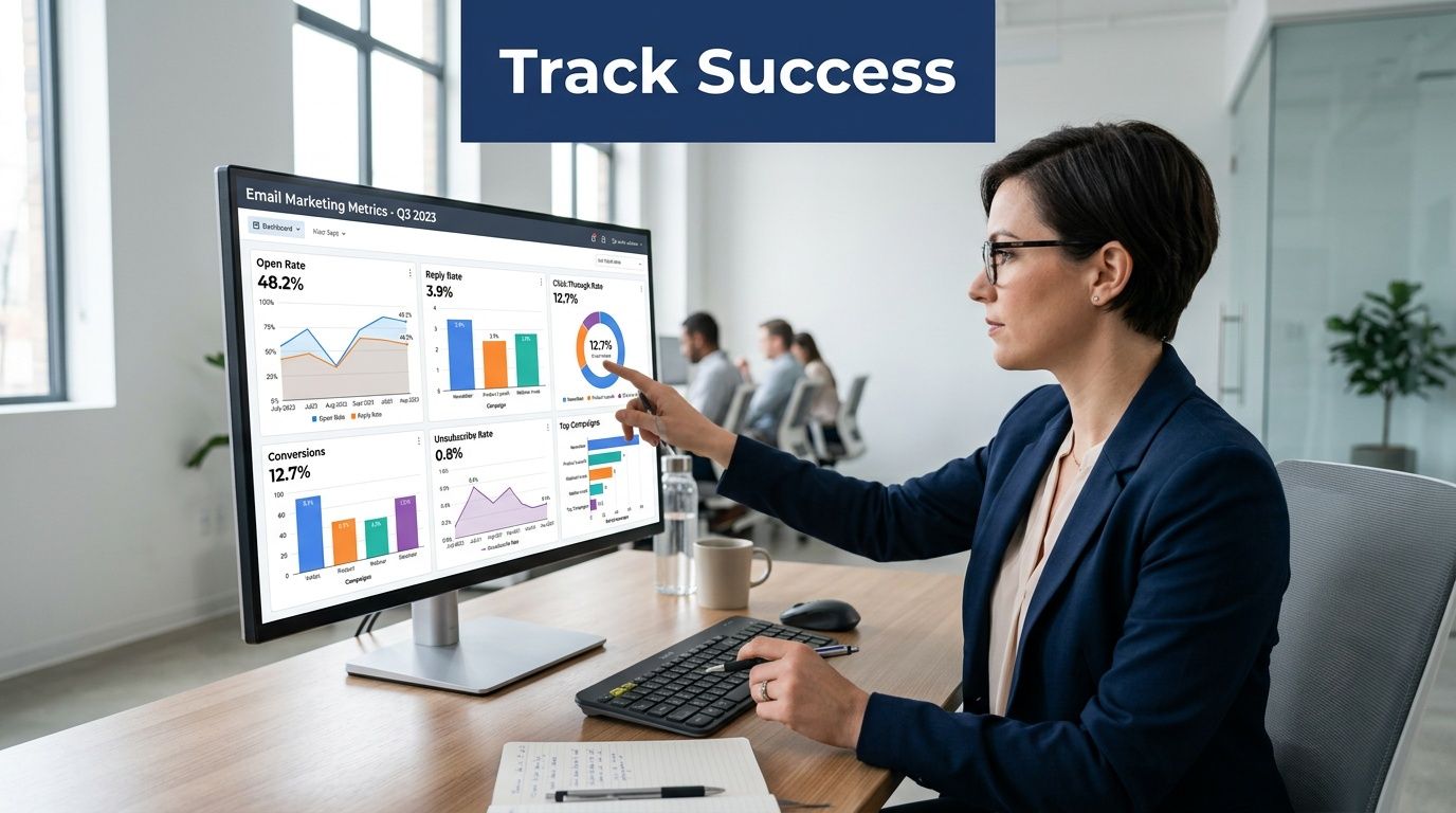 A professional business woman in an office pointing at a computer monitor displaying email marketing campaign analytics dashboard.