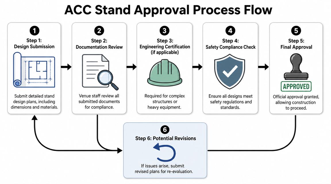 A flow chart illustrating the ACC stand approval process from initial design submission to final construction approval.