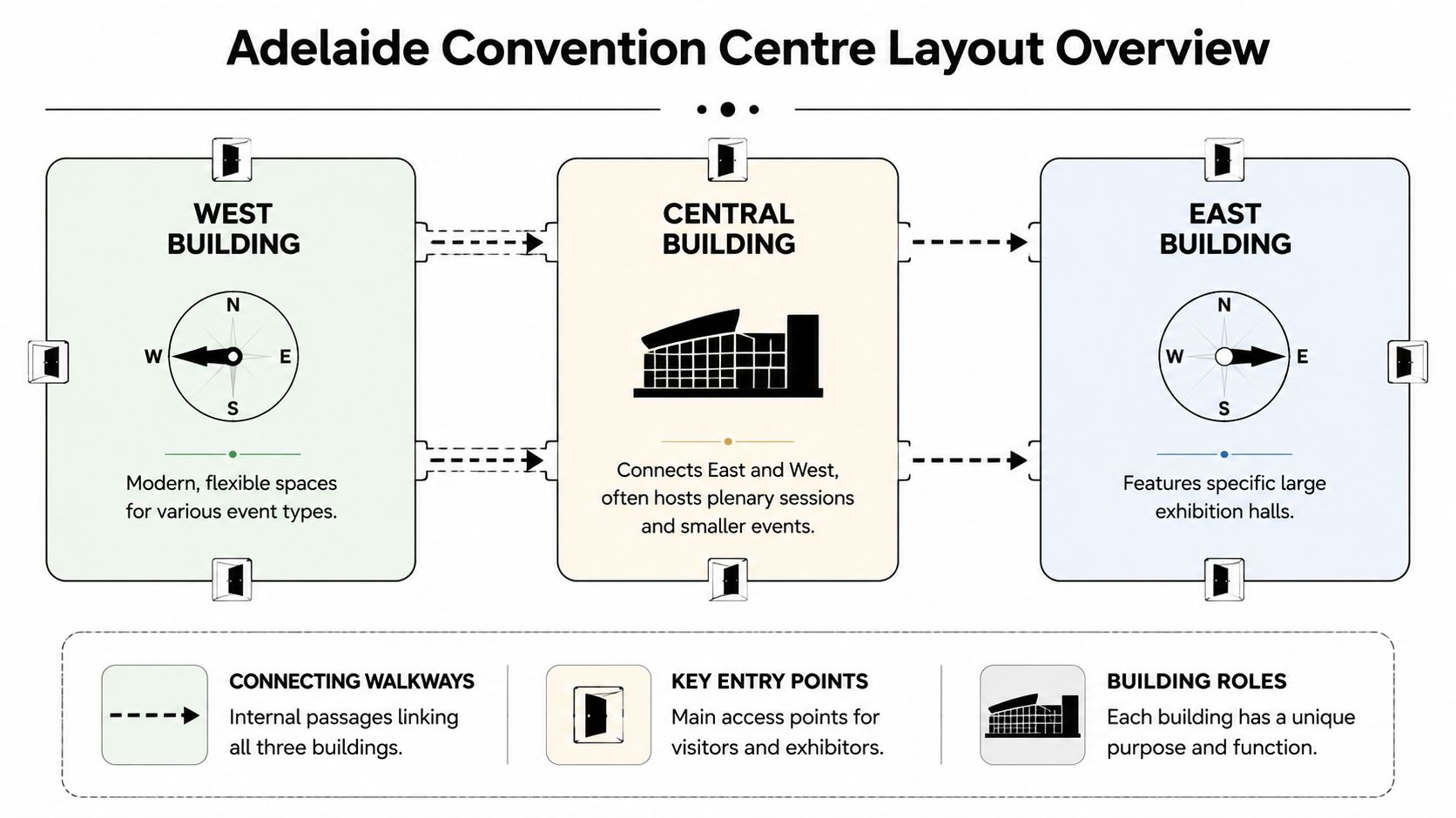 A layout diagram of the Adelaide Convention Centre showing the West, Central, and East buildings with connecting walkways.