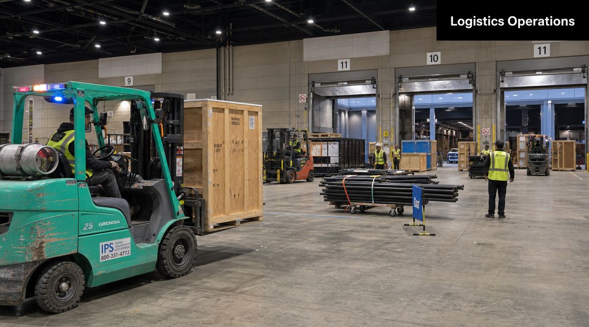 Forklift operators moving cargo containers and supplies inside a busy large industrial exhibition warehouse facility.