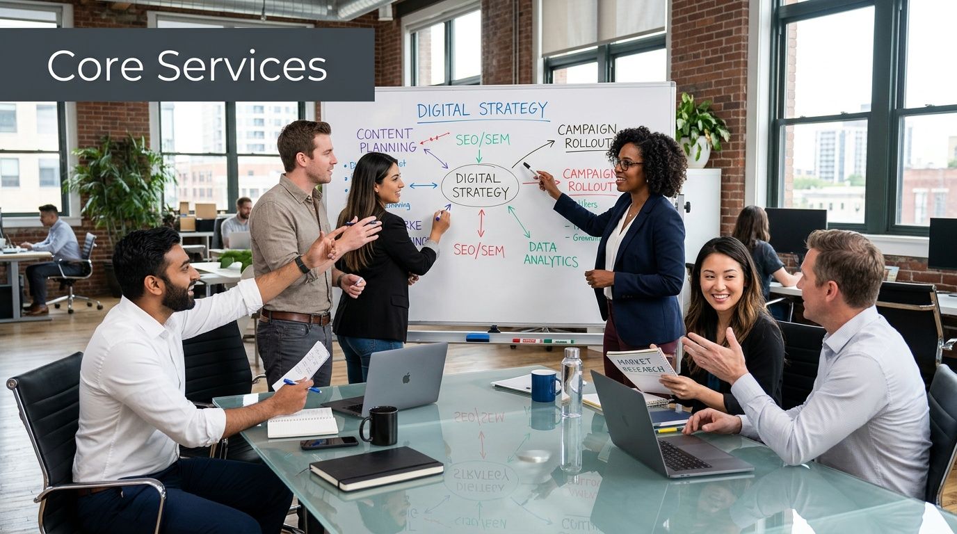 A professional team brainstorms digital strategy and marketing plans during a collaborative business meeting in an office.
