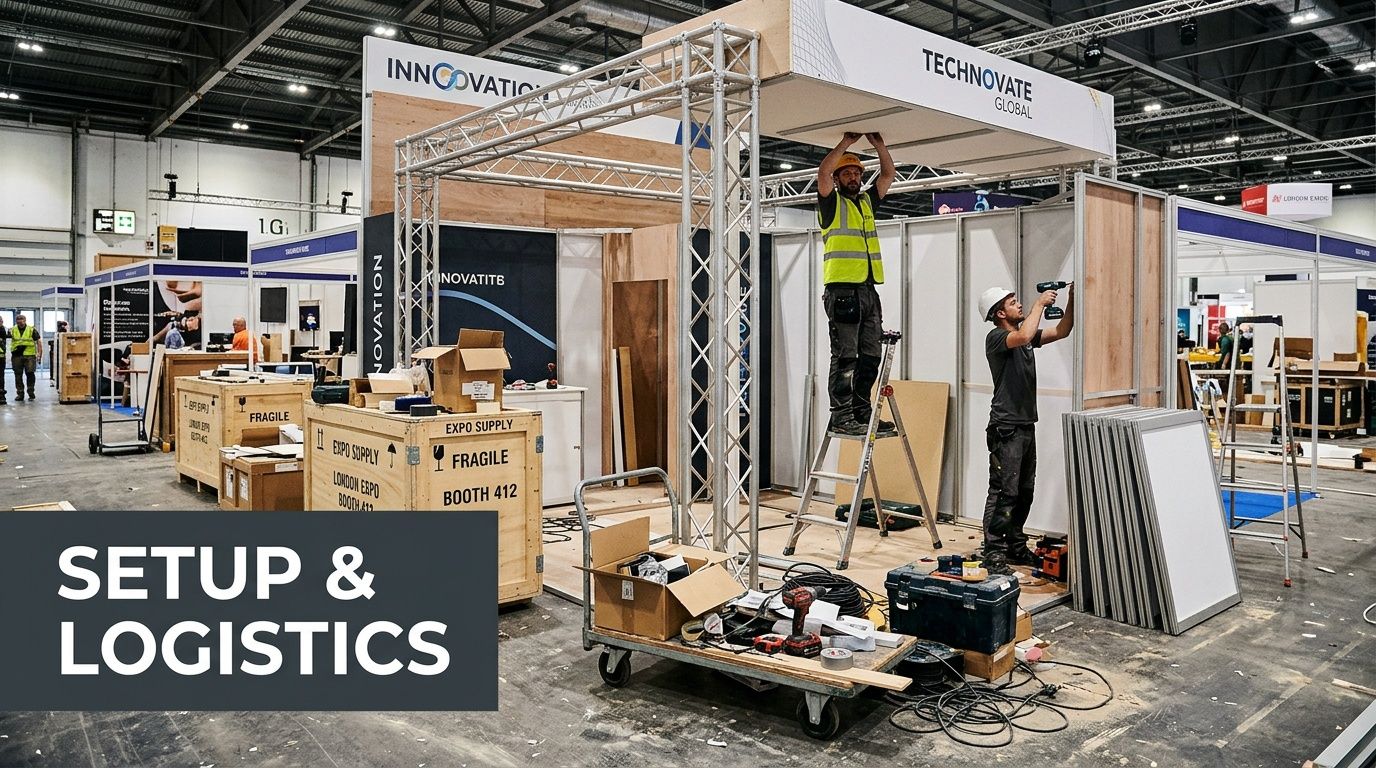 Two workers in construction gear assemble a branded trade show exhibition booth at a large convention hall.
