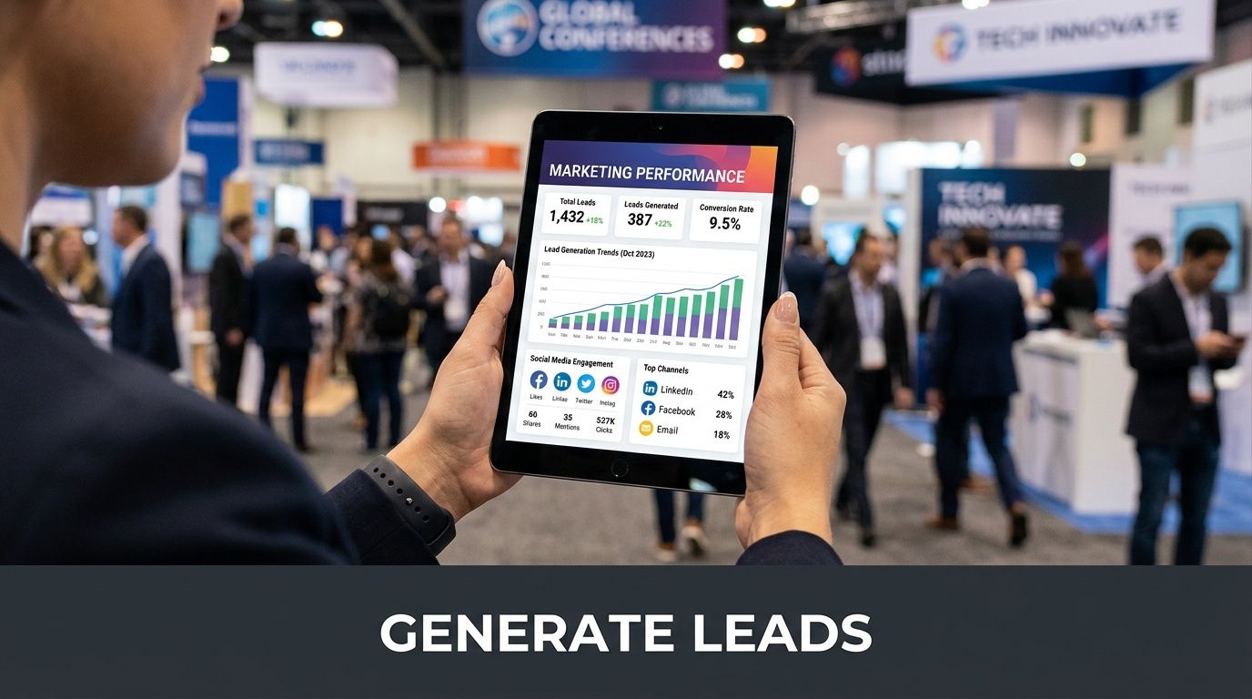A person holds a tablet displaying marketing performance analytics at a busy professional tech conference event.