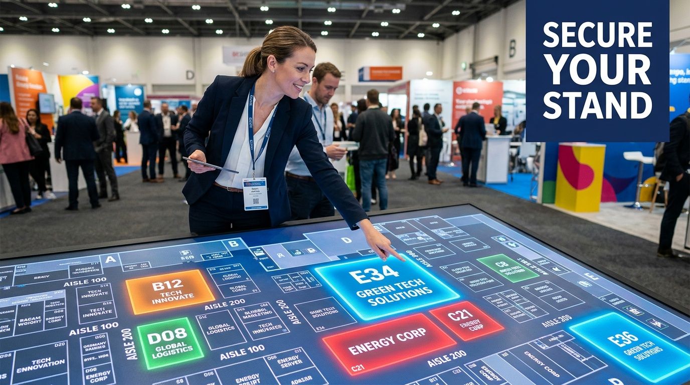 A woman interacting with a large digital interactive floor plan at a trade show exhibition.