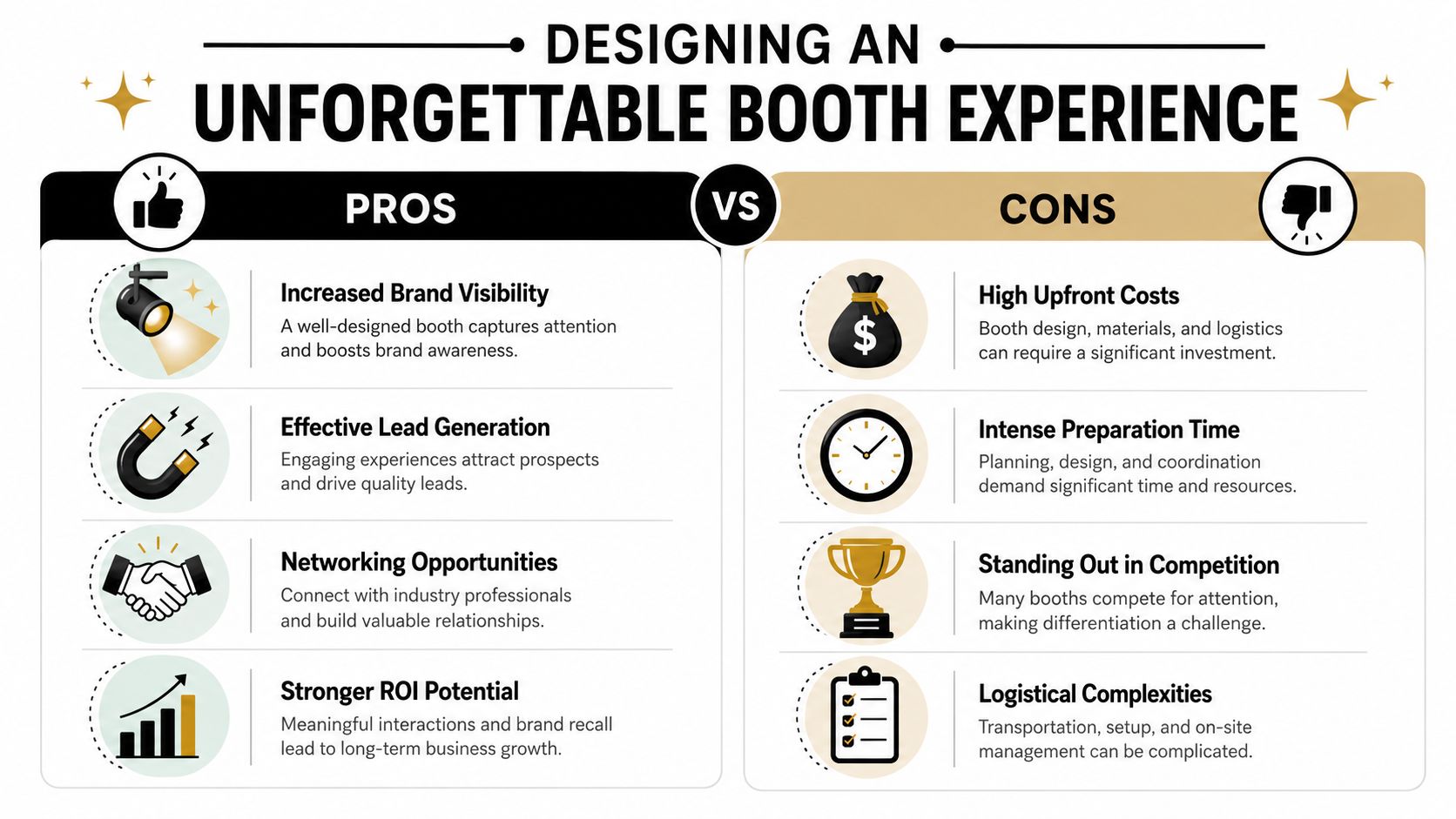 An infographic comparing the advantages and disadvantages of designing a professional trade show booth experience.