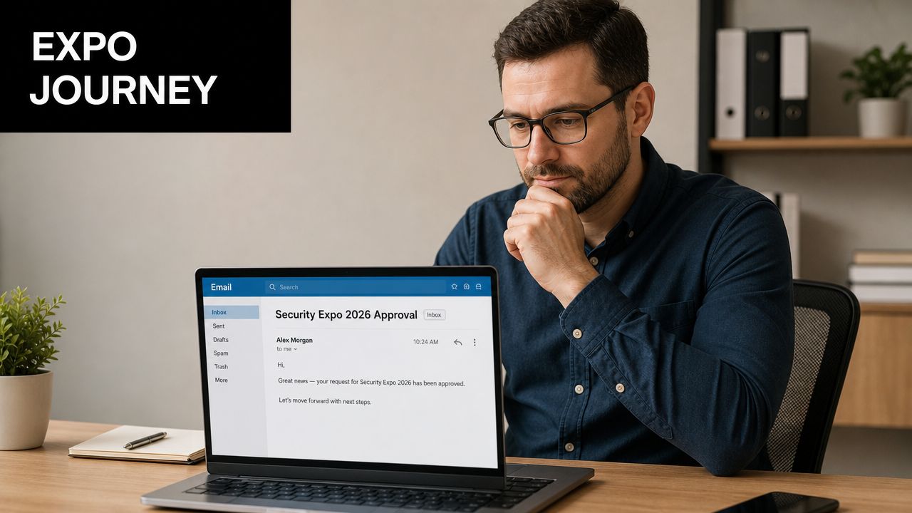 A professional man in a blue shirt reviewing an email about Security Expo 2026 approval on his laptop.