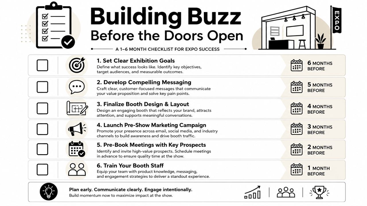 A six-month checklist infographic titled Building Buzz Before the Doors Open for successful exhibition planning.