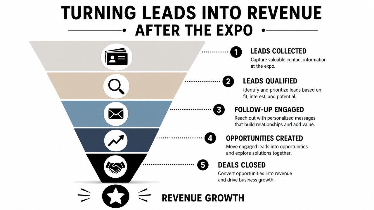 A five-step sales funnel diagram illustrating the process of turning business expo leads into revenue growth.