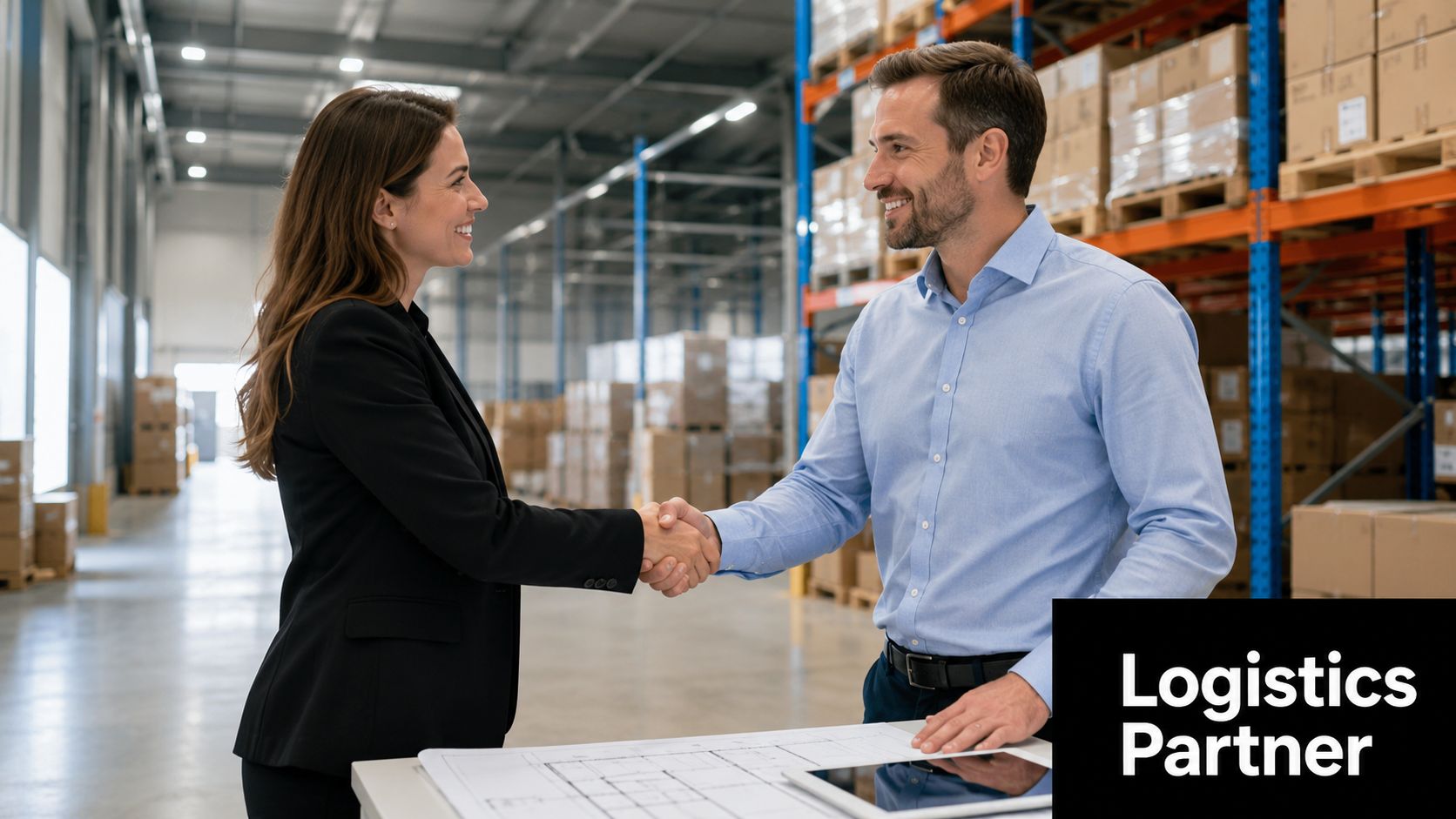 A professional man and woman shaking hands in a large warehouse with shelving units and logistics equipment.