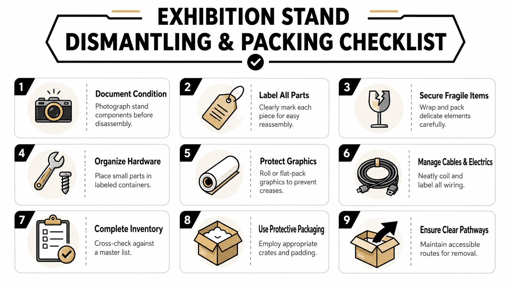 A checklist graphic illustrating nine steps for dismantling and packing an exhibition stand for storage and transport.
