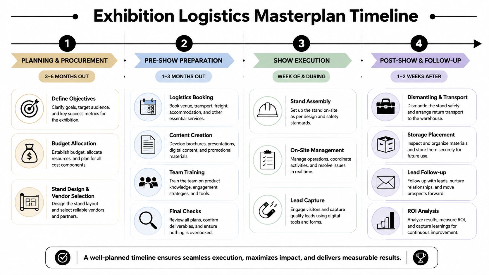 A comprehensive infographic timeline detailing the essential steps for exhibition logistics management from planning to post-show analysis.