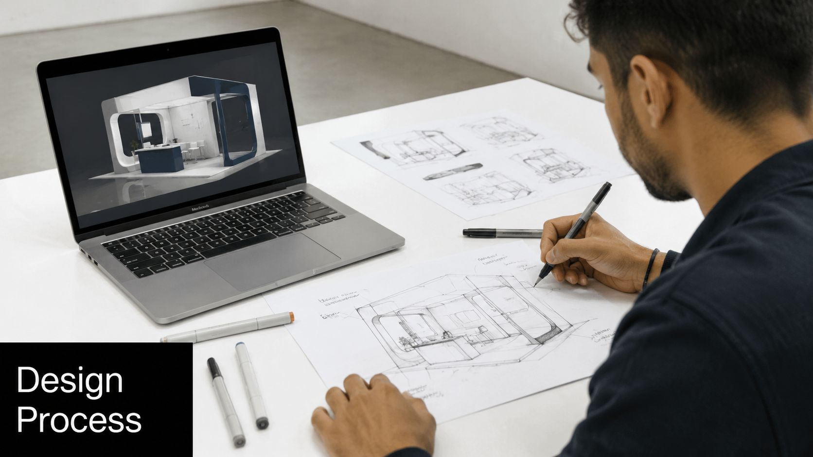A professional designer sketching an exhibition stand project at a desk with a laptop displaying 3D models.