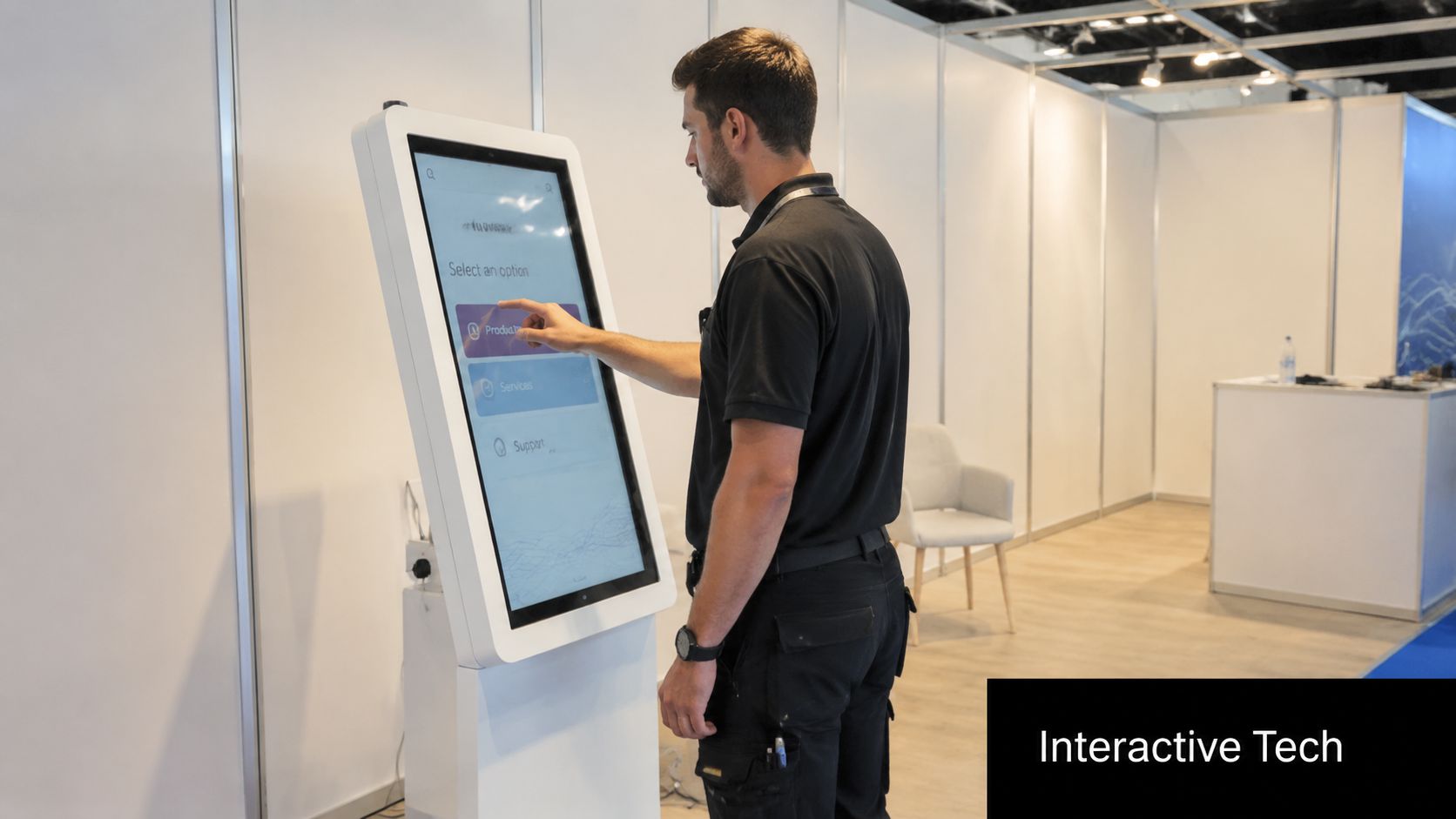 A professional man interacting with a digital touch screen kiosk at an exhibition event.