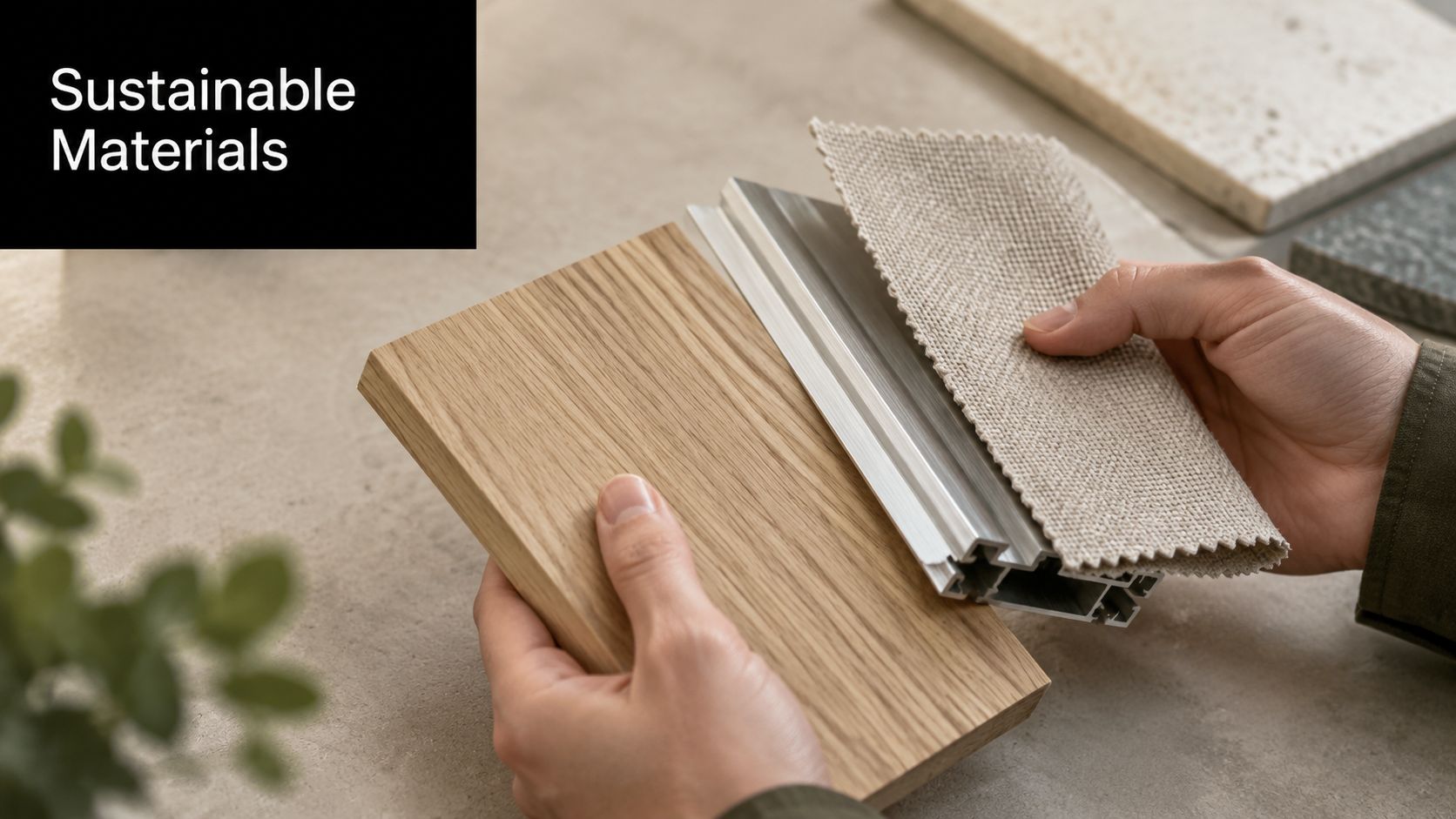 A person holding a wood sample, metal profile, and fabric swatch to discuss exhibition stand materials.