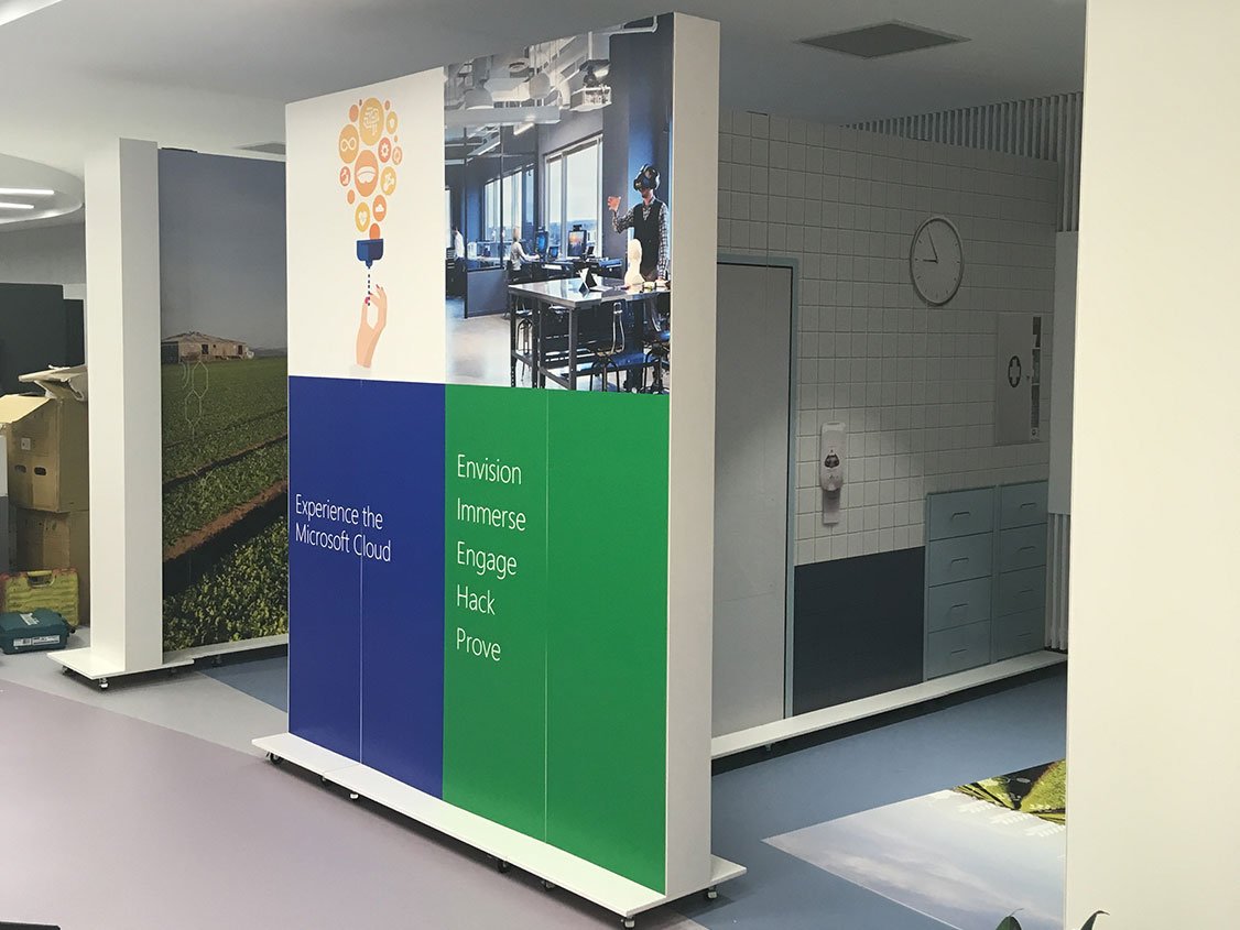 Microsoft Walls portable walls with graphics showing interior