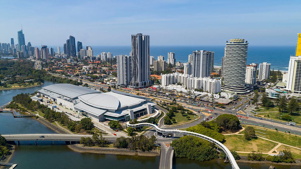 Gold Coast GCCEC exhibition venue aerial view with city as backdrop