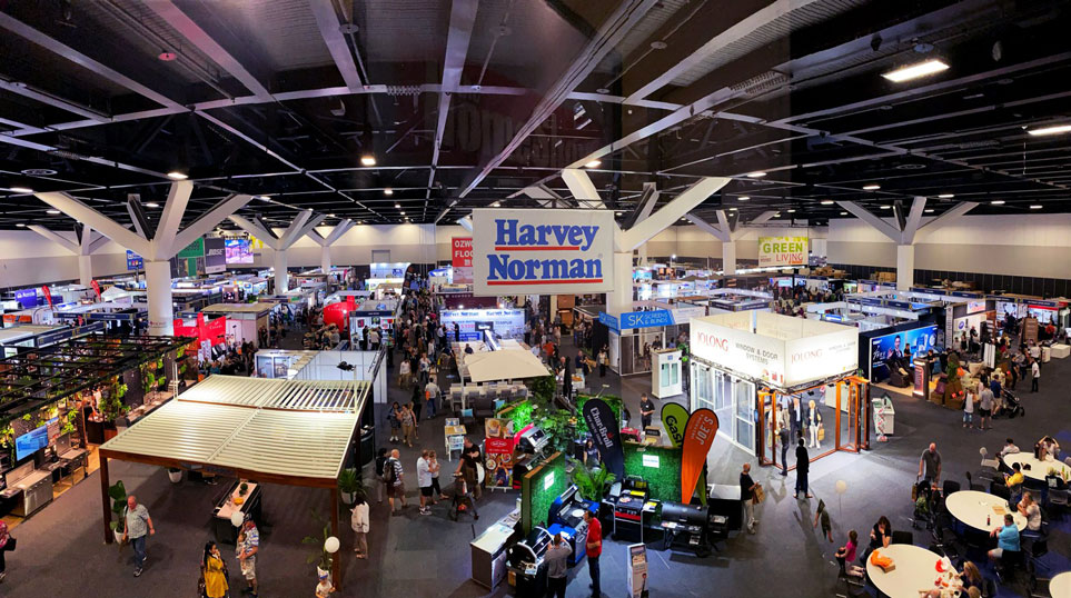 Trade show event with harvey norman hanging banner in the middle