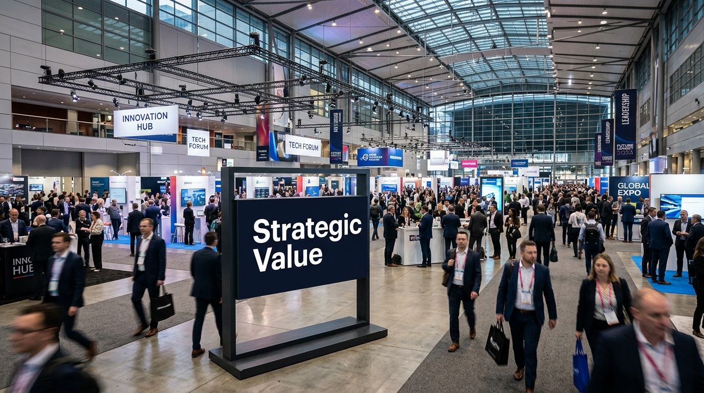 A crowded expo hall with attendees walking around branded booths and a large sign stating Strategic Value.