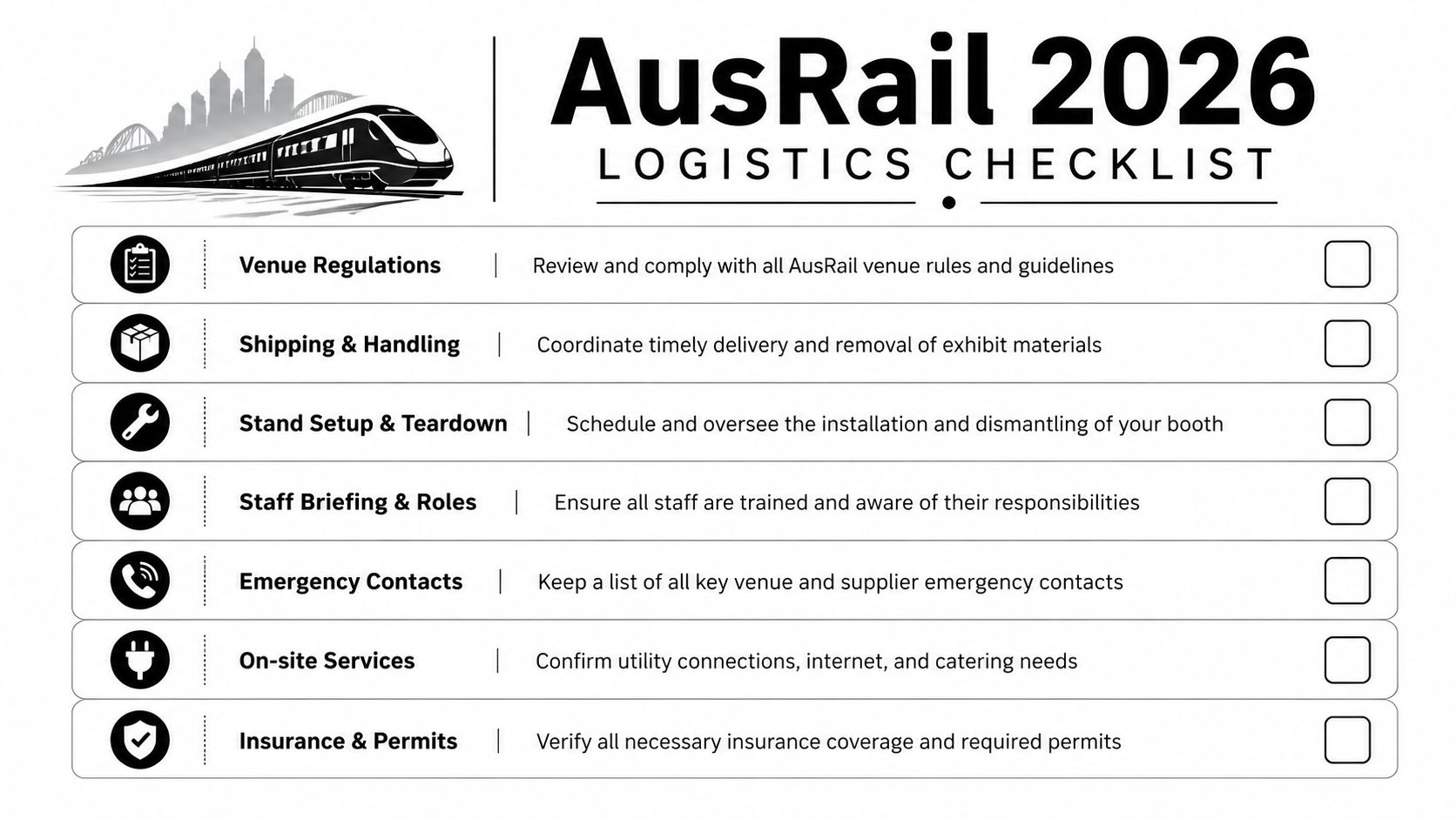 A logistics checklist for AusRail 2026, detailing essential exhibit planning tasks like venue regulations and setup.