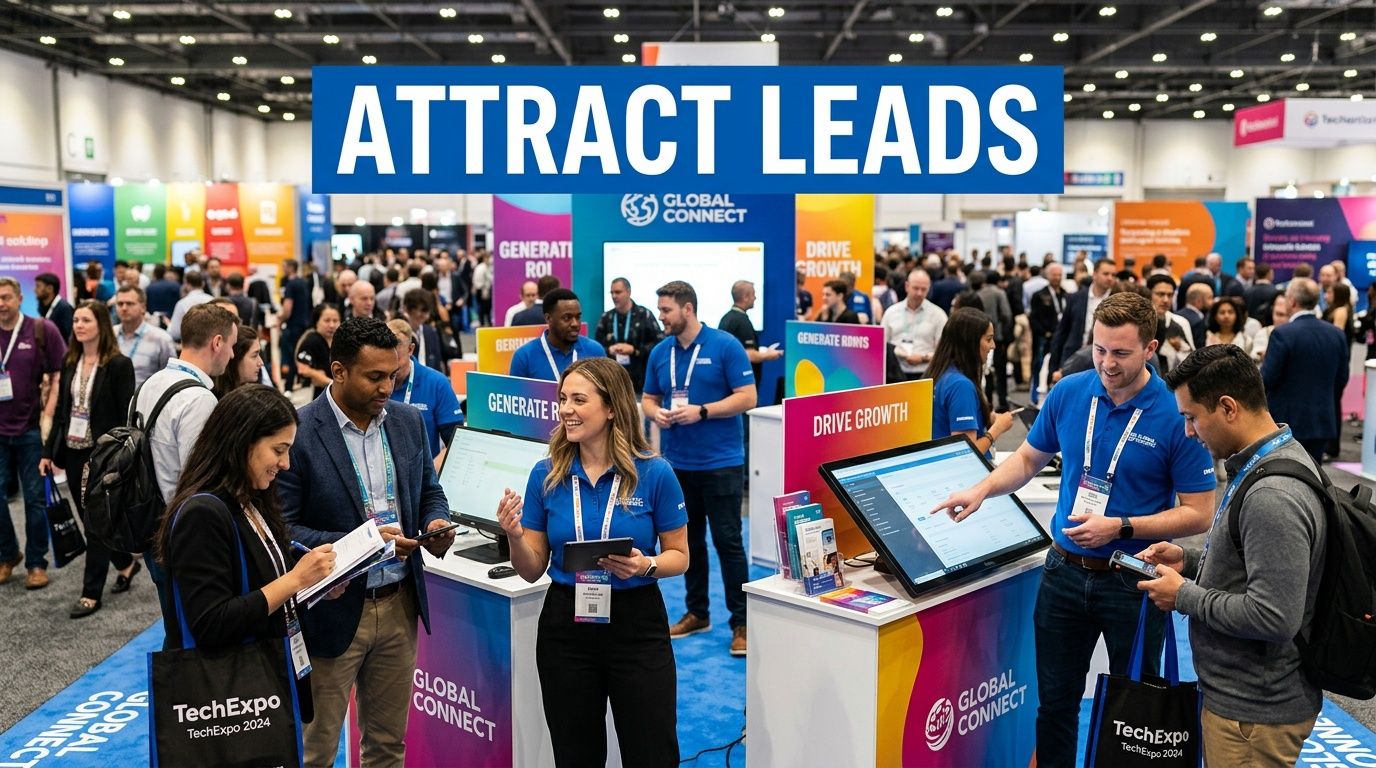 Professionals engaging with visitors at a corporate exhibition booth for Global Connect during the TechExpo 2024 event.