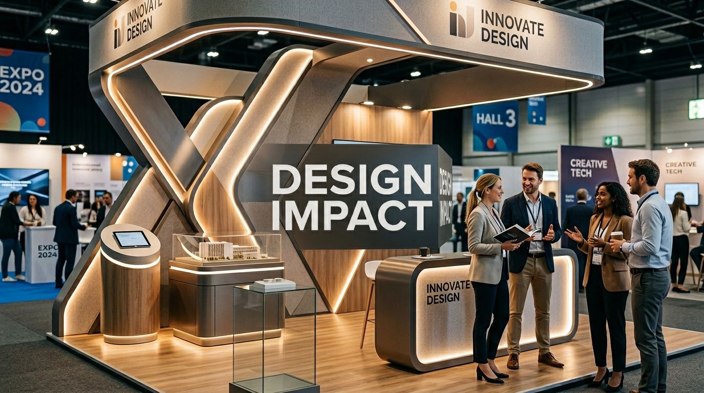A professional business team conversing at the Innovate Design trade show booth at an expo center.