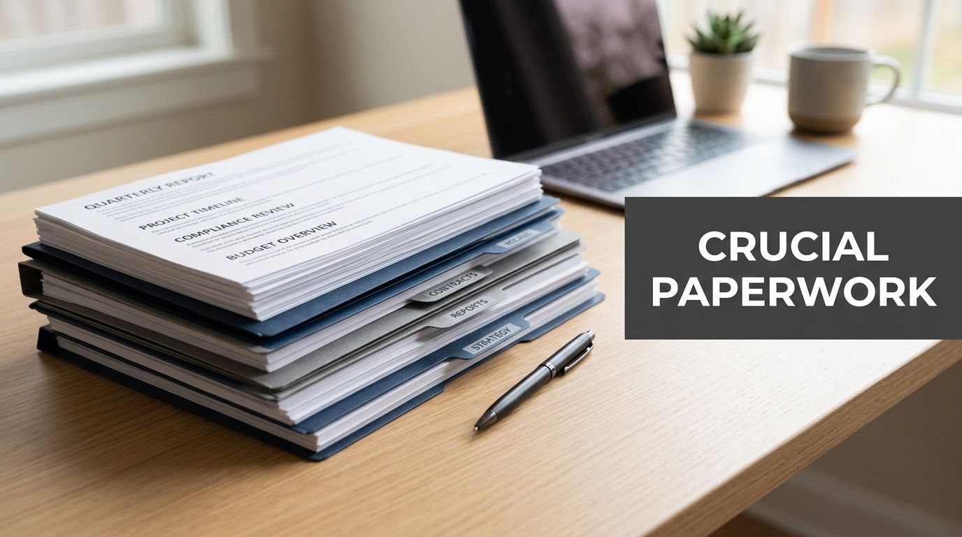 A stack of organized file folders labeled Strategy, Reports, and Contracts sitting on a wooden desk near a laptop.