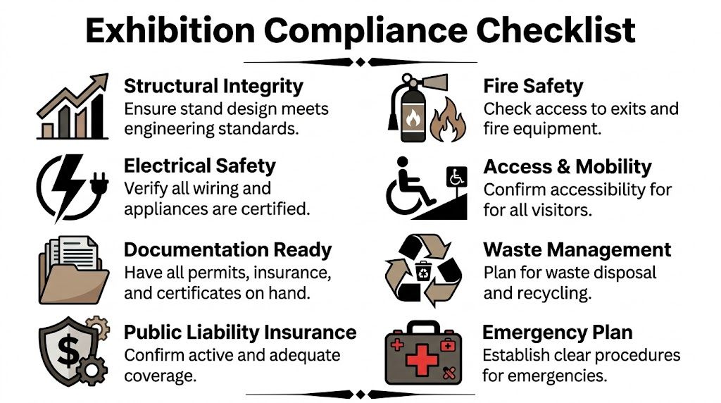 An exhibition compliance checklist graphic outlining essential safety, insurance, and management standards for event booths.