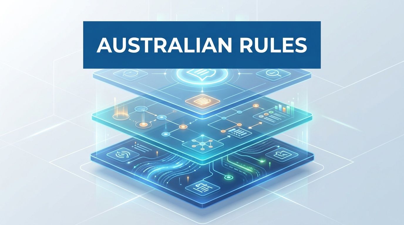 A conceptual digital illustration showing stacked glass layers representing complex Australian rules and regulatory compliance frameworks.