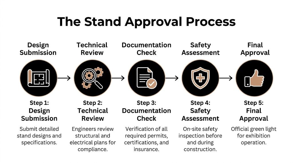 A five-step flowchart illustrating the standard approval process for exhibition stands from design to final approval.