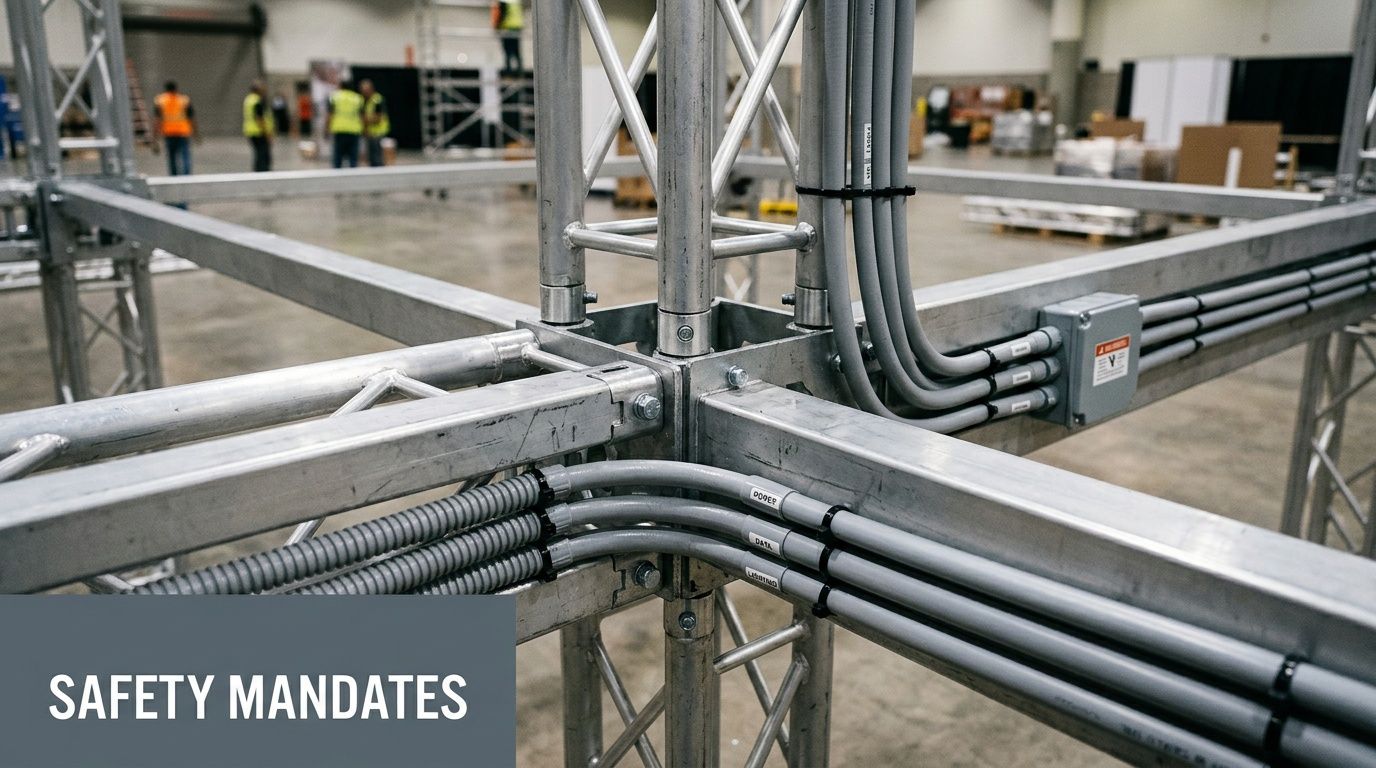 Industrial metal truss structure in an exhibition hall with electrical and data cabling installed during setup.