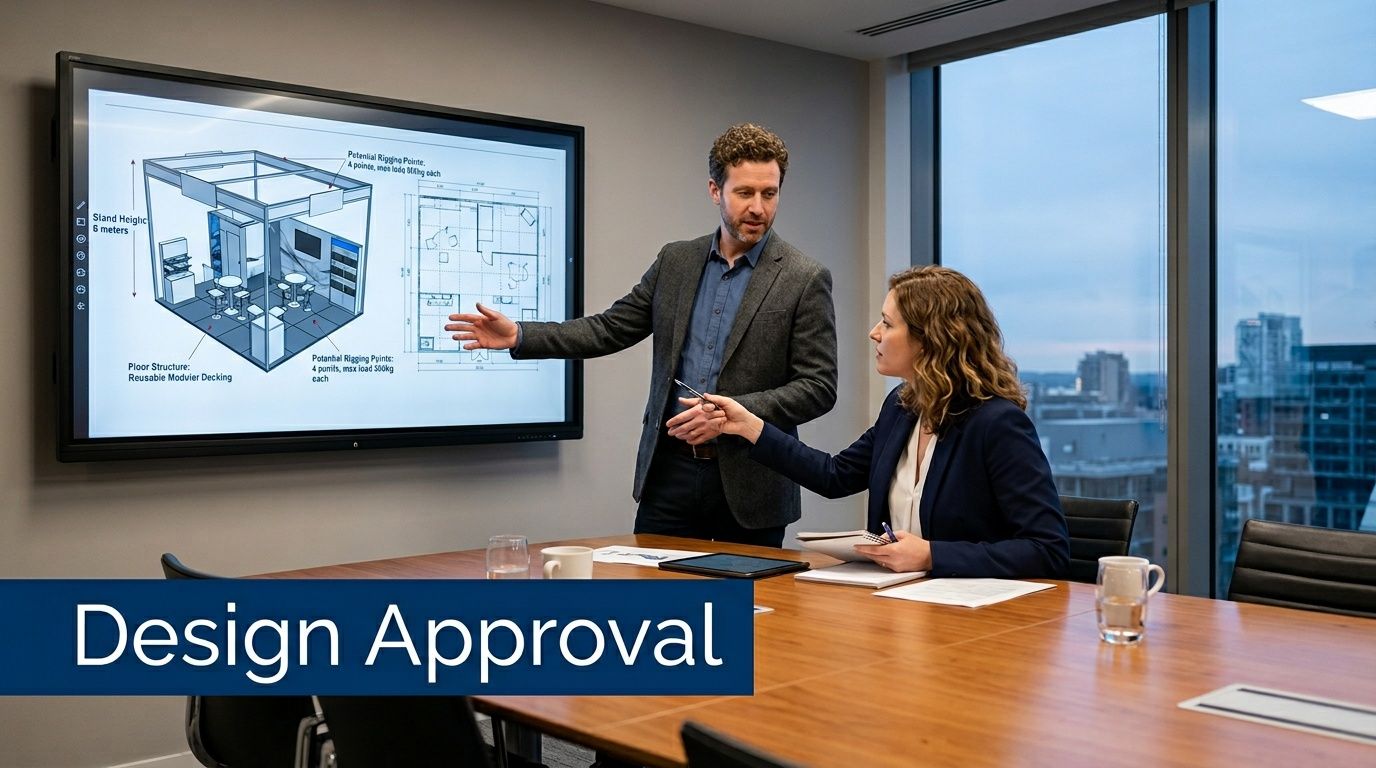 A professional man and woman discussing trade show booth designs during a corporate meeting in a boardroom.