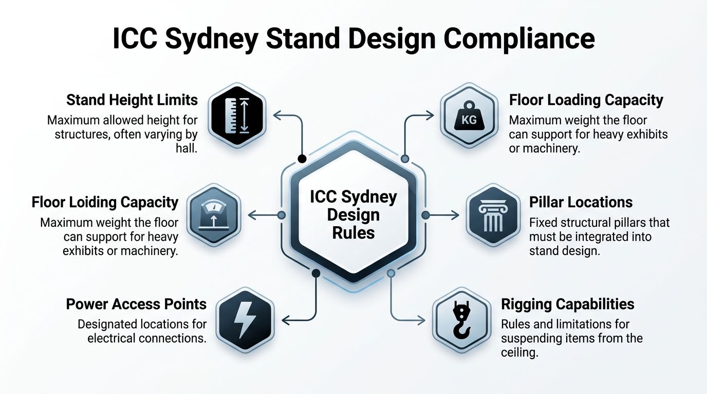 A diagram outlining key compliance rules for designing exhibition stands at the ICC Sydney convention center.