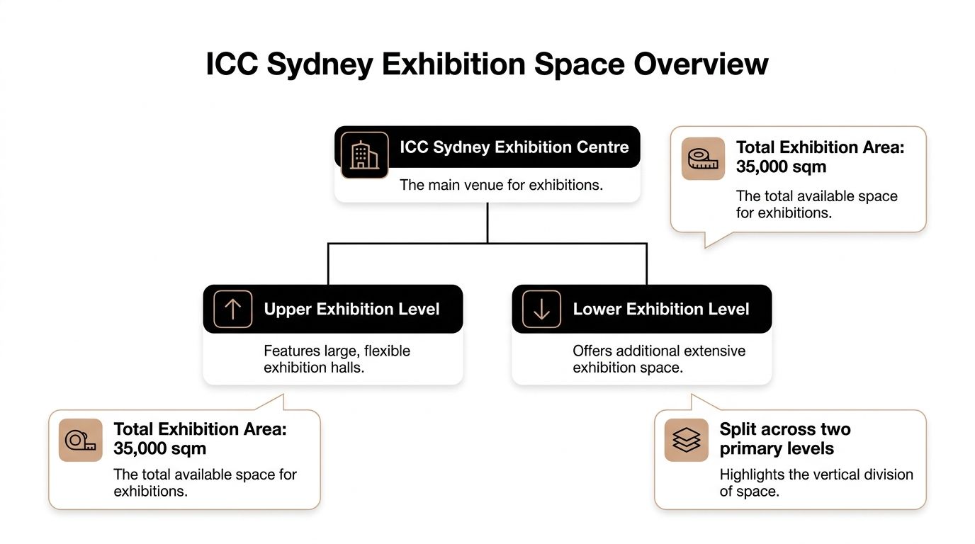 A diagram illustrating the total exhibition area and level distribution of the ICC Sydney Exhibition Centre.