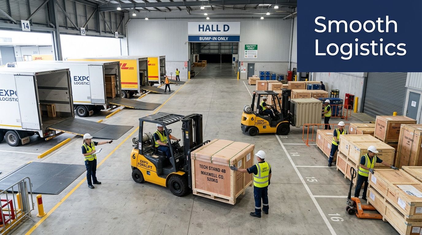 Warehouse workers in high-visibility vests loading shipping crates and managing logistics at an exhibition event facility.