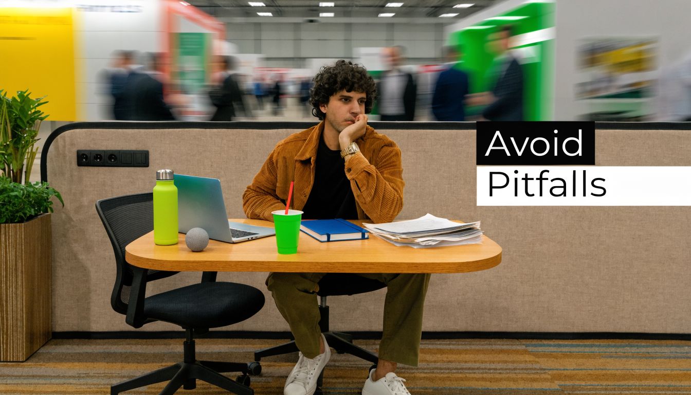 A young man sits at a desk with a laptop, looking bored in a busy office setting.