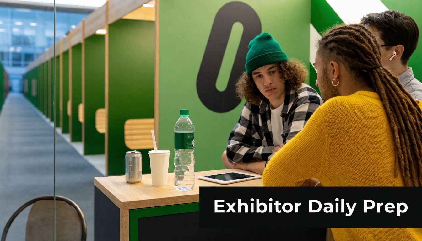 Three young people collaborating on a digital tablet at an event booth with drinks on the table.