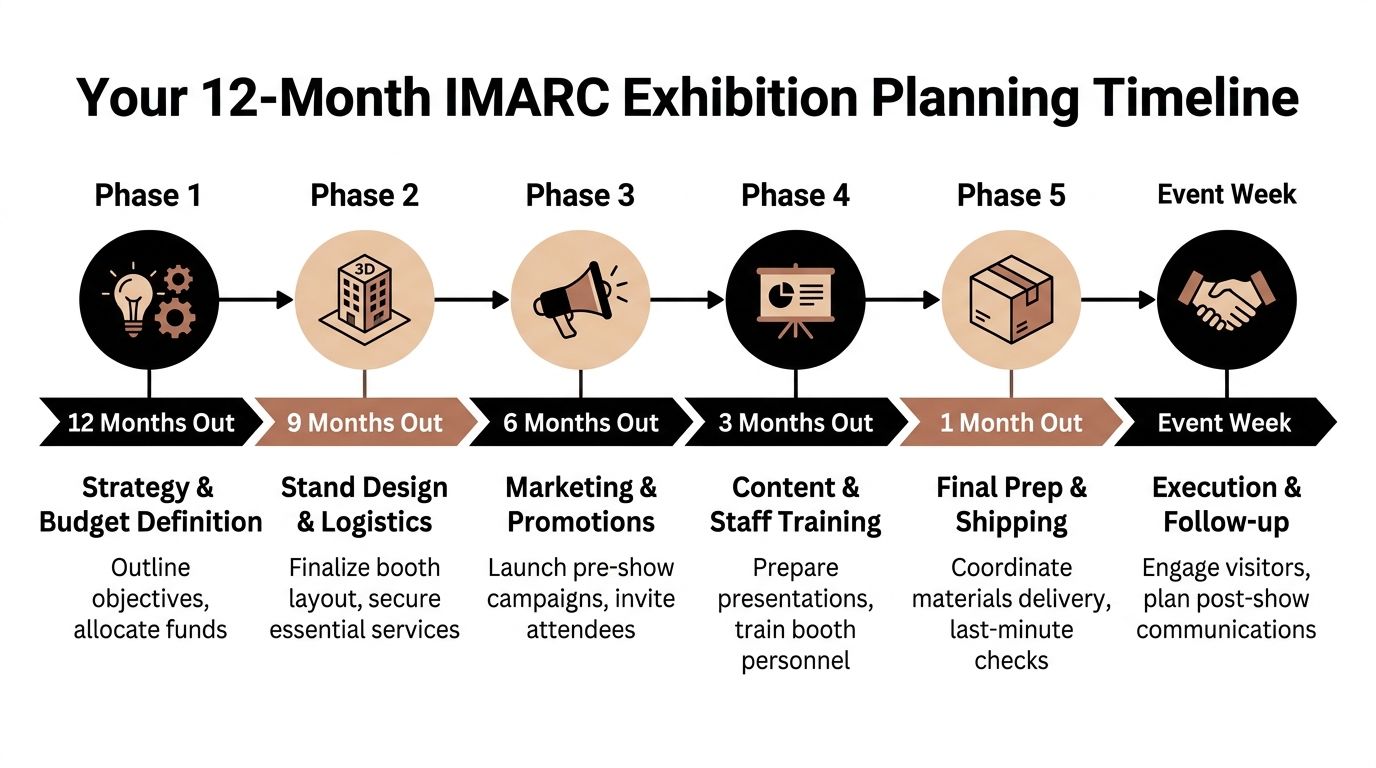 A 12-month IMARC exhibition planning timeline infographic showing six key phases from initial strategy to event execution.