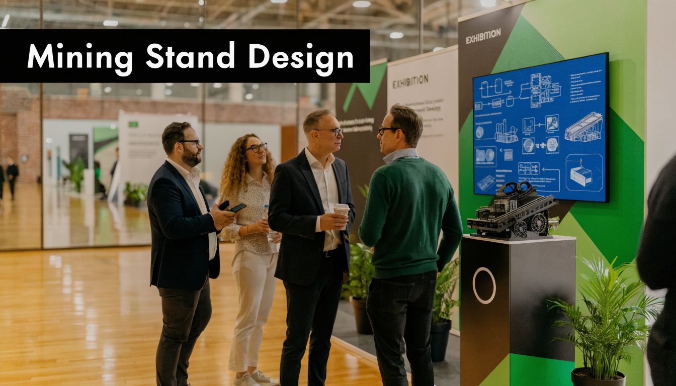 A professional business group discussing mining technology at a trade show exhibition stand with display screens.