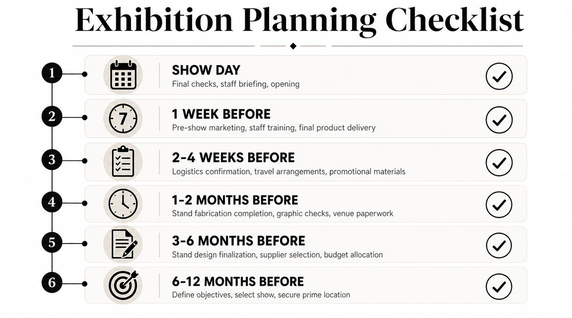 A six-step exhibition planning checklist illustrating essential tasks from 12 months before until the show day.