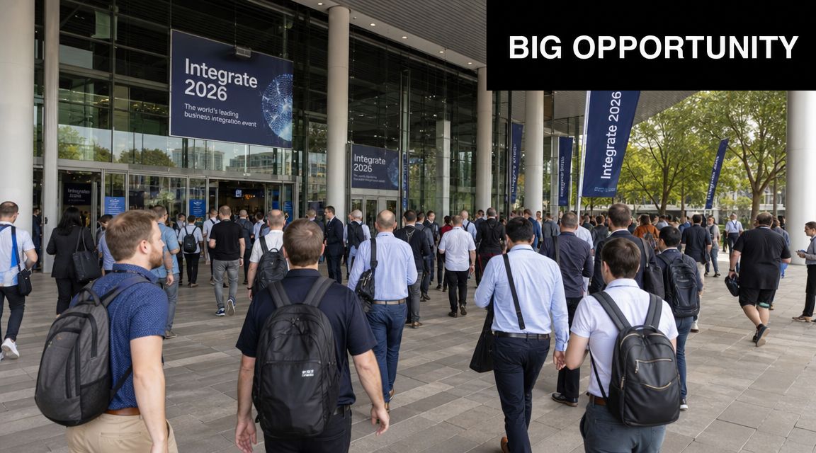 A large crowd of professional attendees walking toward the glass entrance of the Integrate 2026 business event.
