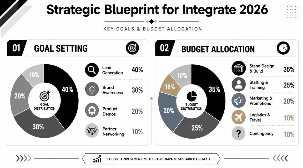 A strategic blueprint infographic for Integrate 2026 showing goal setting percentages and budget allocation breakdowns.