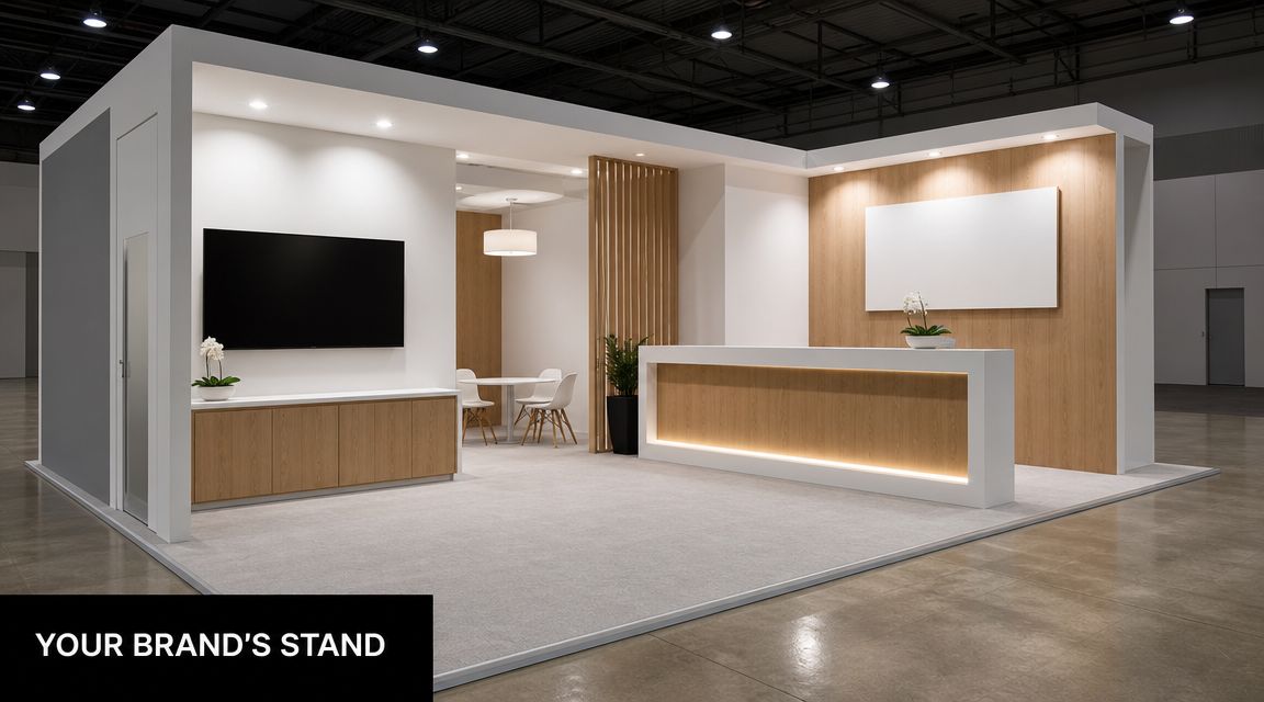 A modern, minimalist exhibition trade show stand with wood paneling, a large display screen, and reception desk.