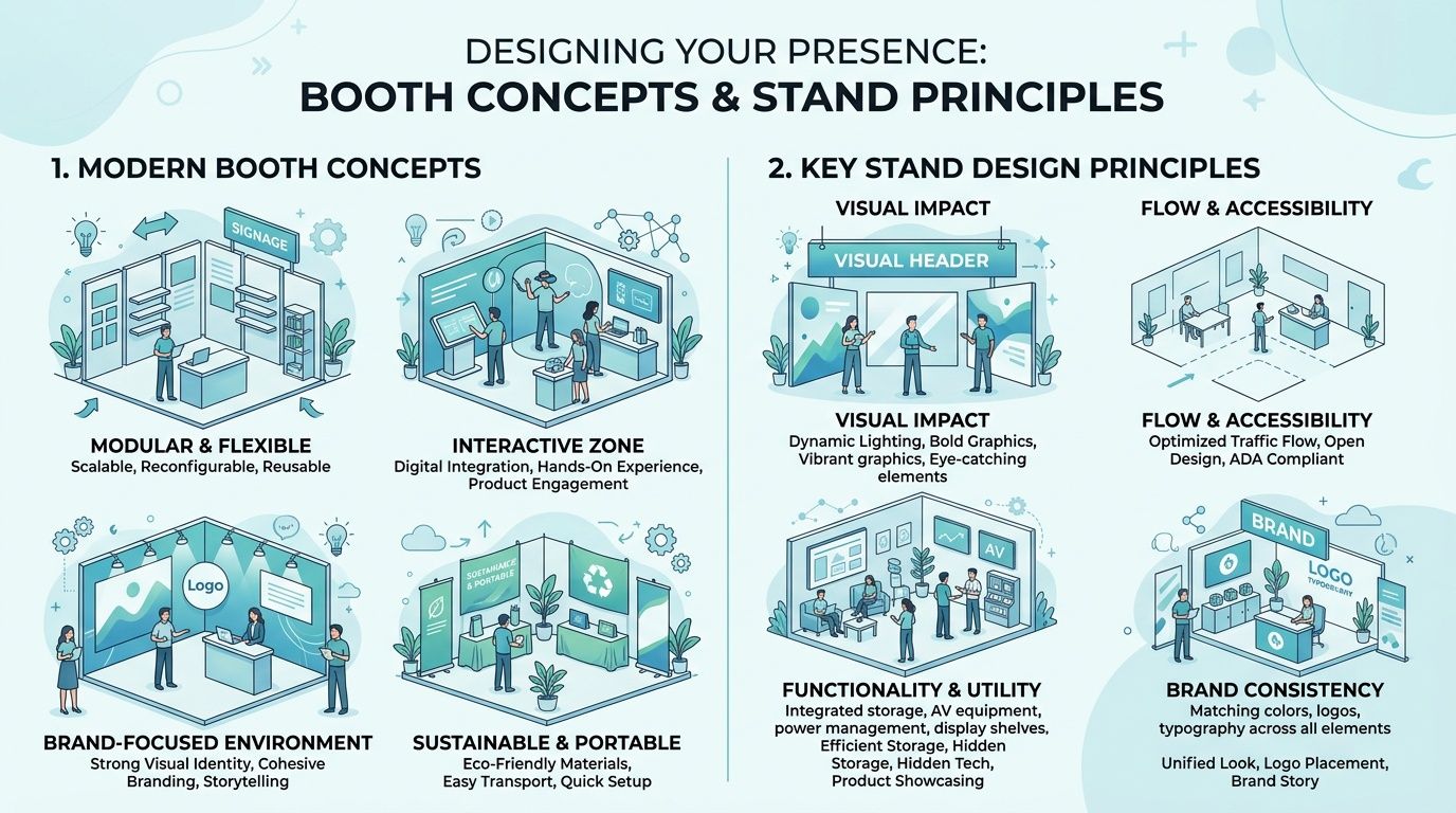 An infographic titled Designing Your Presence outlining modern trade show booth concepts and professional stand design principles.