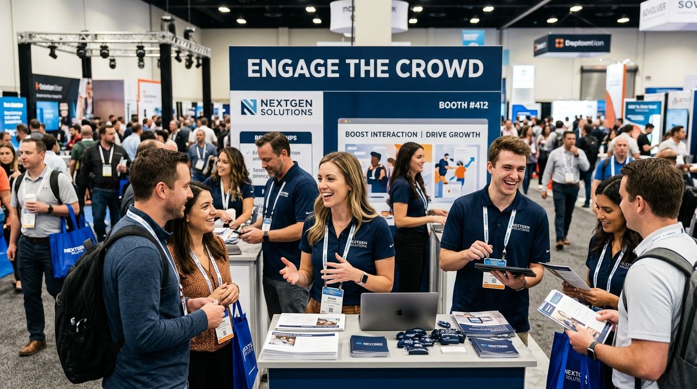 A professional booth at a conference where Nextgen Solutions team members engage with attendees and potential clients.