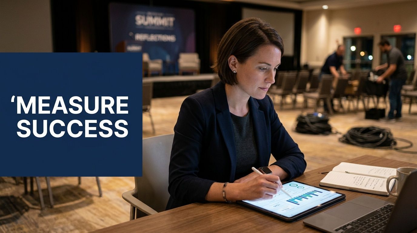 A professional woman in a blazer using a digital tablet for data analysis in a conference hall.