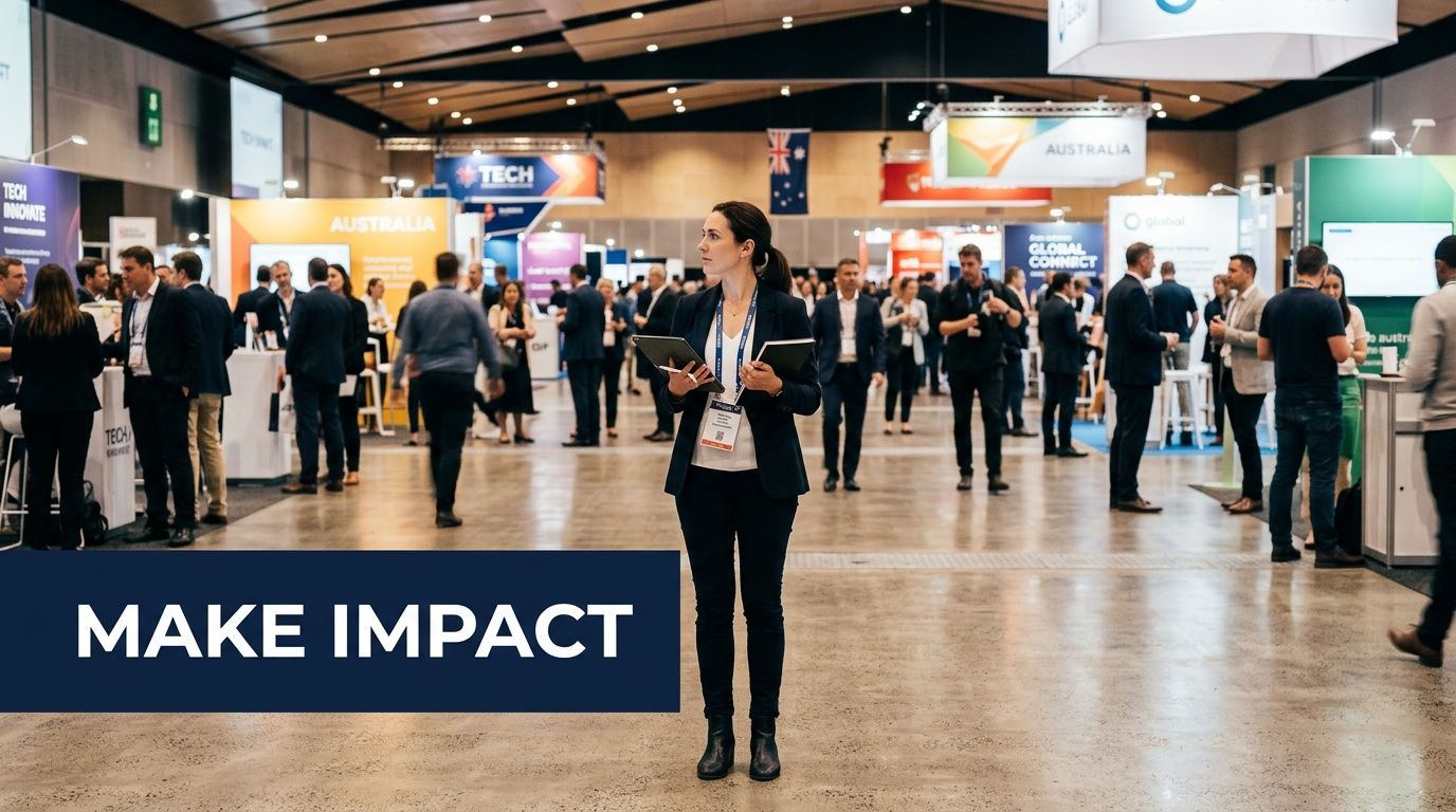 A professional woman holding a tablet at a bustling international tech conference venue with attendees
