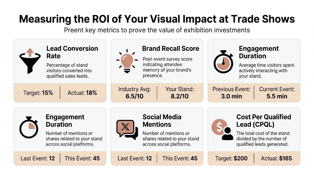 An infographic showing six key metrics for measuring trade show return on investment and visual impact performance.