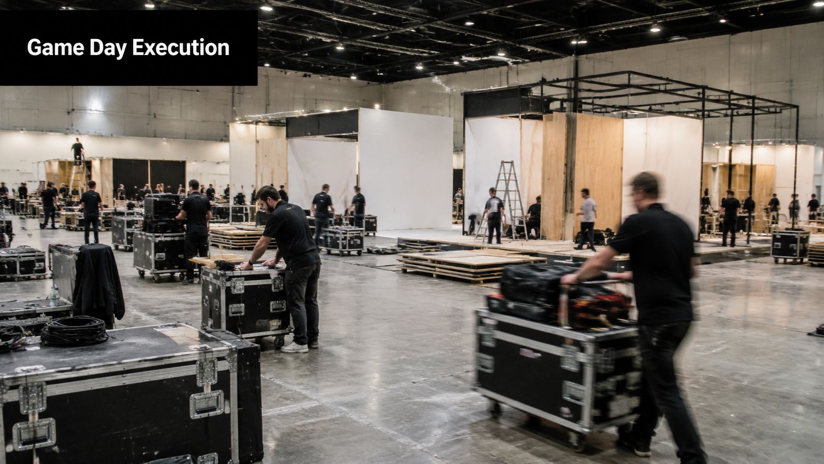 Crew members working on assembling sets for the All Energy Australia 2026 conference in a large hall.