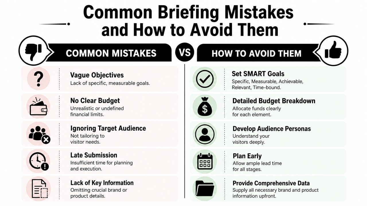 An infographic comparing common briefing mistakes against effective solutions for planning successful business or event projects.